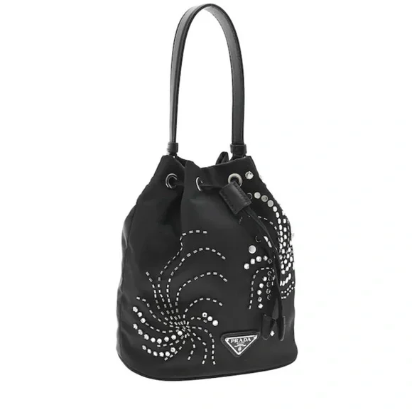 Prada Black Re-Nylon Embroidered Mini Bucket Bag - Picture 2 of 9